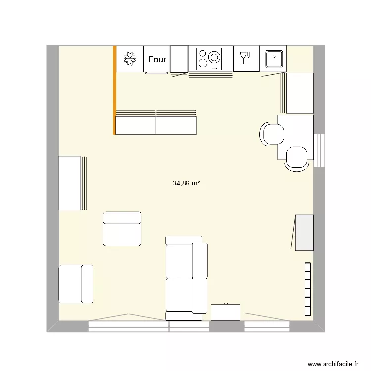 s&eacute;jour cuisine aux dimensions. Plan de 1  et 35 m²