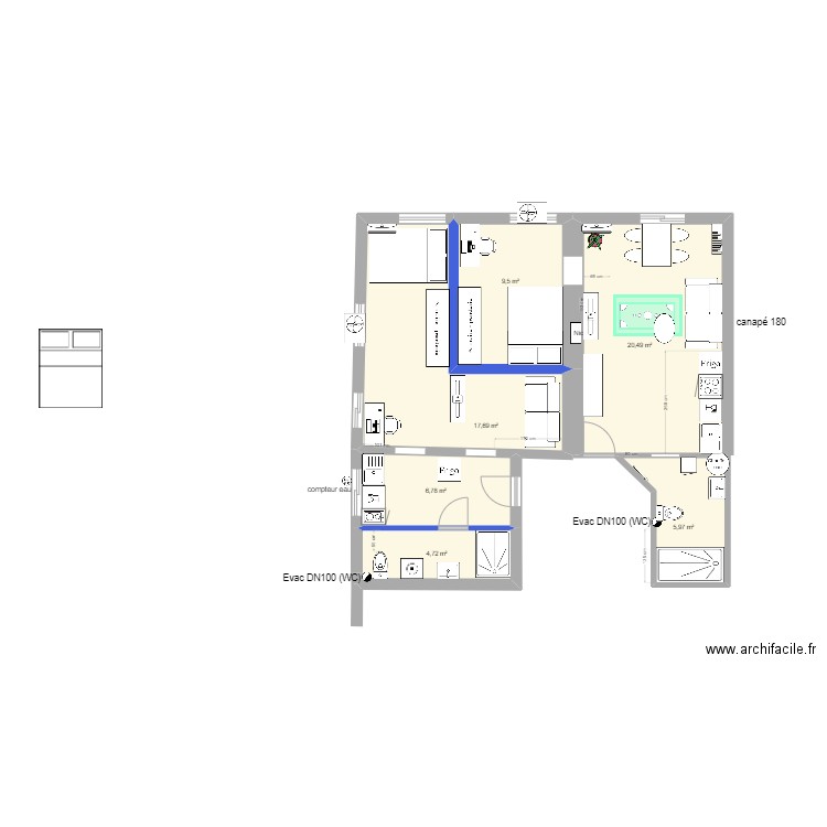 V1 PLATEAU. Plan de 6 pièces et 65 m2