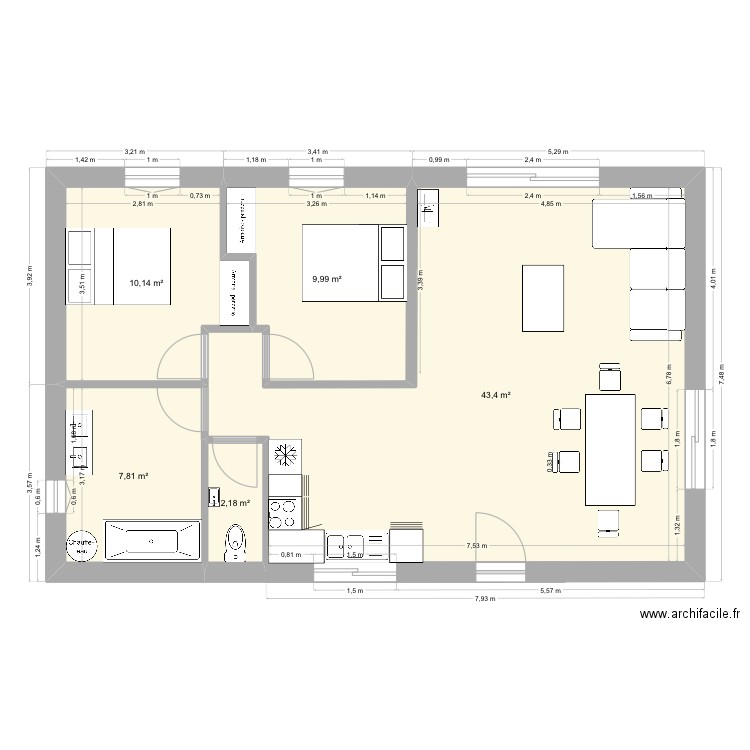 plan maison Jerrah 70m2 T3. Plan de 5 pièces et 74 m2