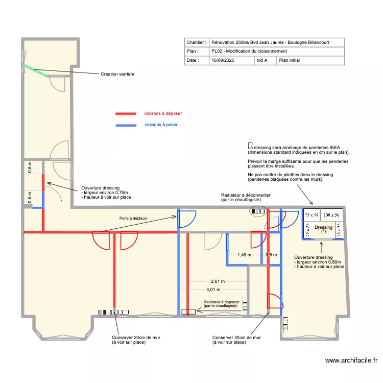 Renovation Boulogne - modif cloisonnement. Plan de 