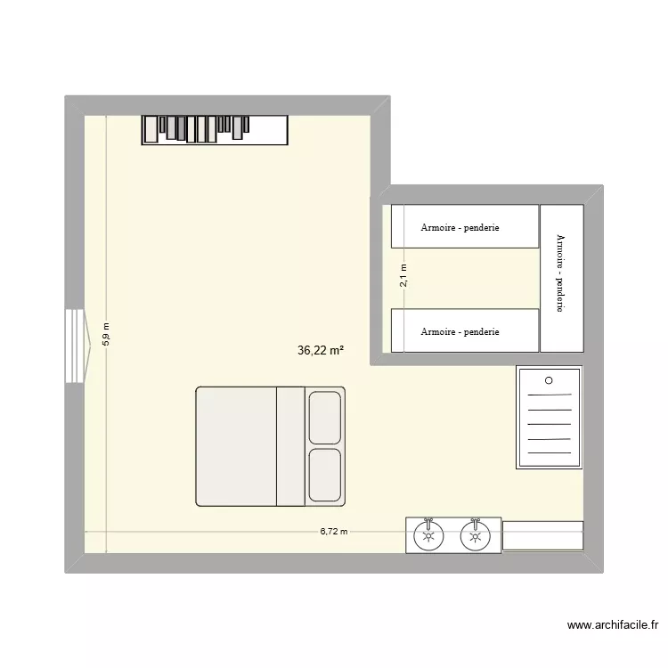Chambre suite. Plan de 1 Pièce et 36 m²