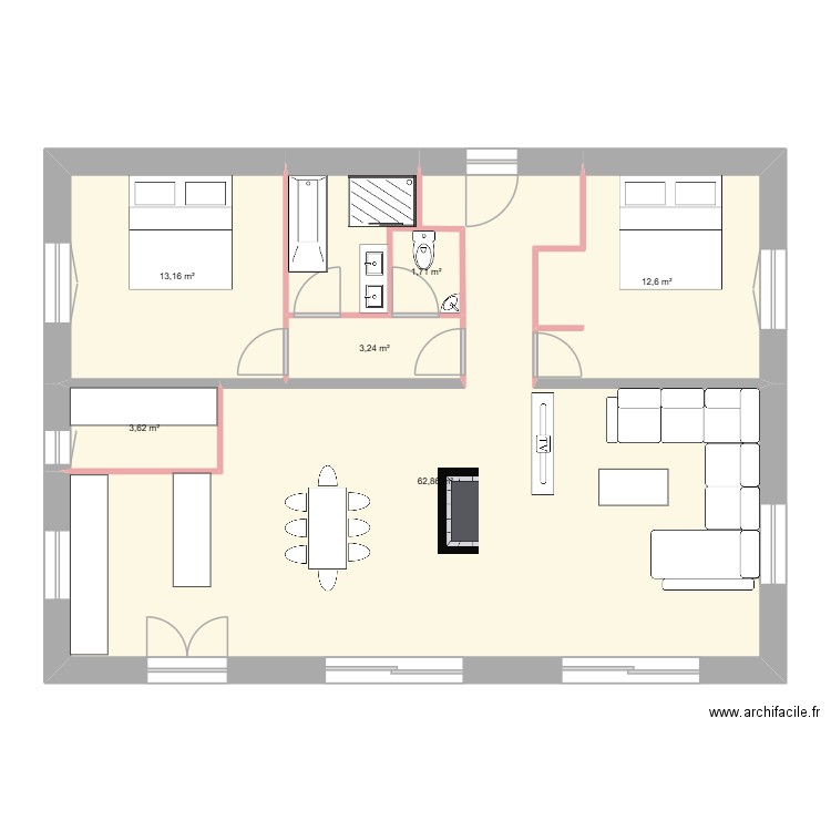 3 carre. Plan de 6 pièces et 97 m2