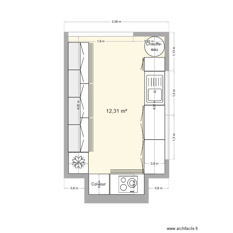 Cuisine. Plan de 1 pièce et 12 m2