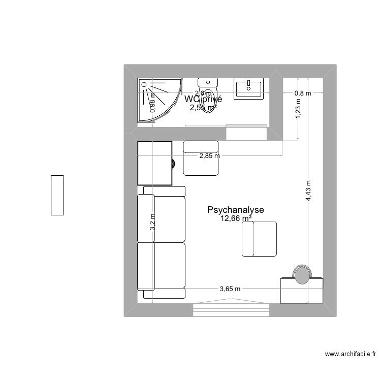 Cabinet principal. Plan de 2 pièces et 15 m2
