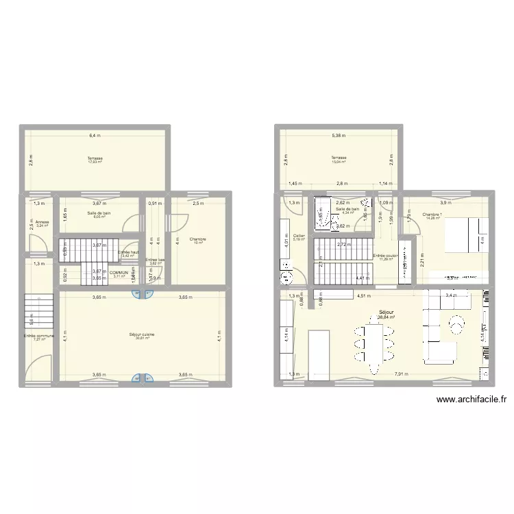Projet maison Mamie appart haut. Plan de 15  et 174 m²