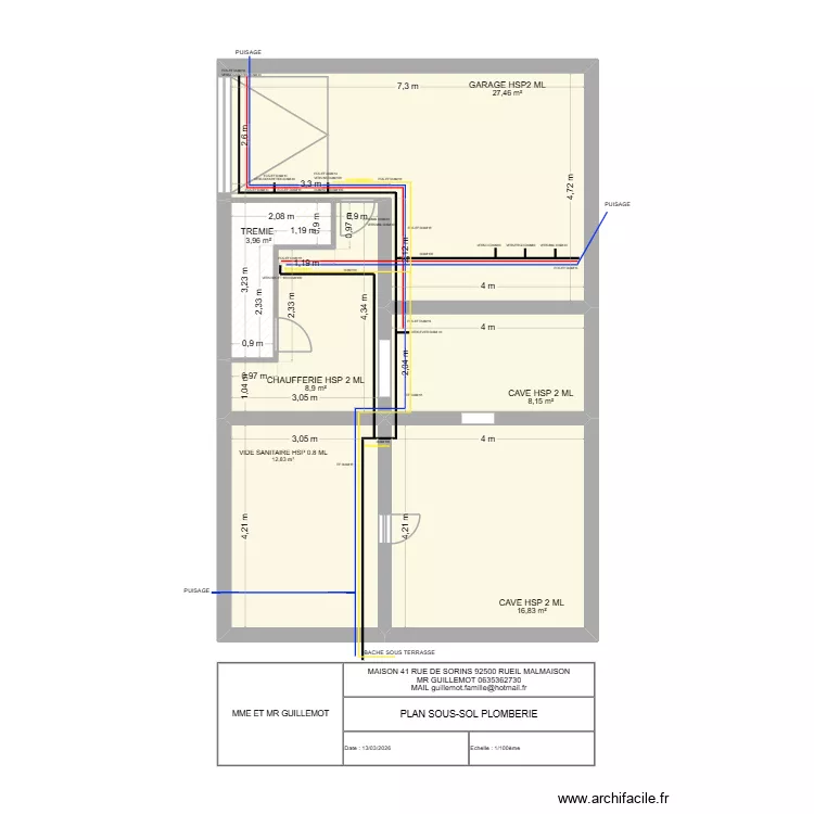41 SORINS SOUS-SOL plomberie. Plan de 21  et 238 m²