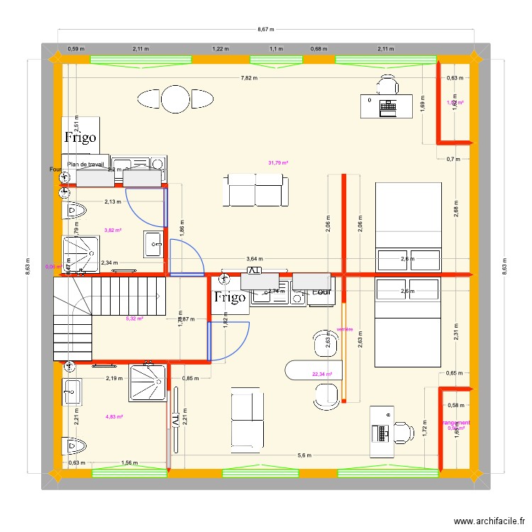 bureau appartement. Plan de 8 pièces et 70 m2