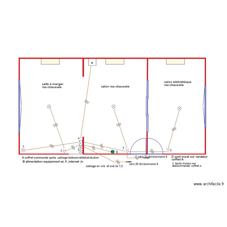 rez-chaussée éclairage. Plan de 2 pièces et 47 m2