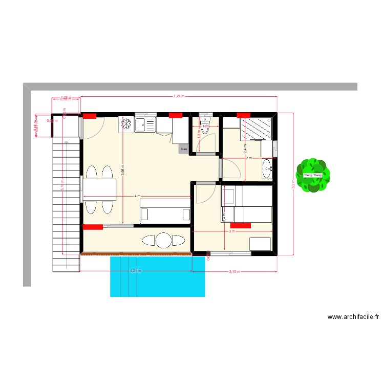 Etage kiosque studio V3.1 du 6 juin 2025 avec terrasse et piliers. Plan de 5 pièces et 34 m2