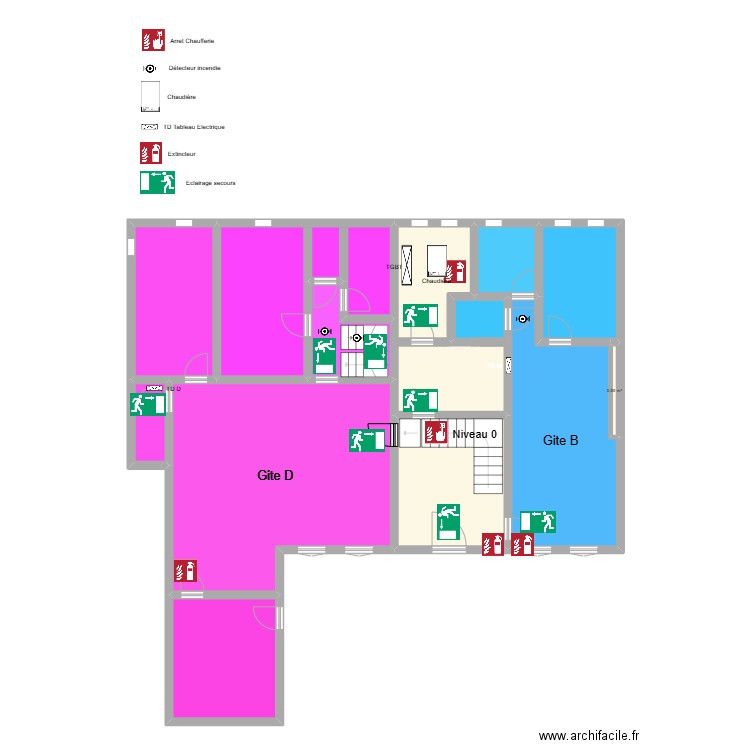 implantation secours vue de face. Plan de 41 pièces et 539 m2