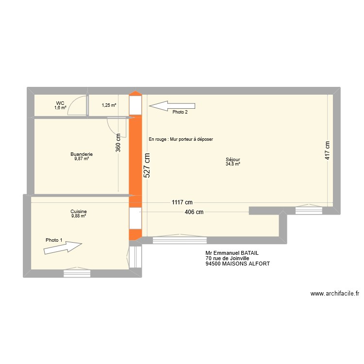 70 Joinville. Plan de 5 pièces et 57 m2