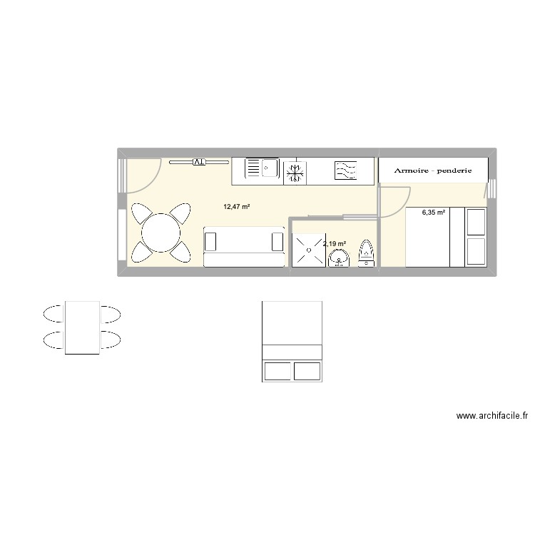 plan3 appart. Plan de 3 pièces et 21 m2