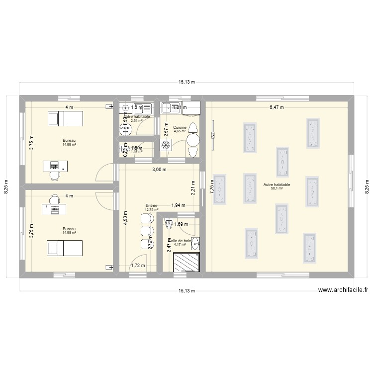 PROJET. Plan de 8 pièces et 105 m2