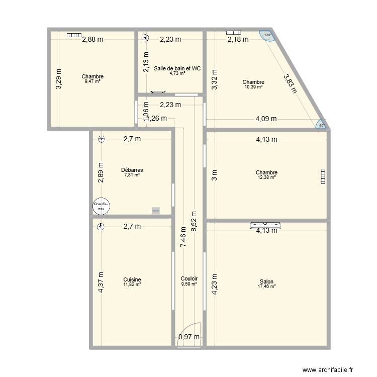Log.2. Plan de 8 pièces et 84 m2