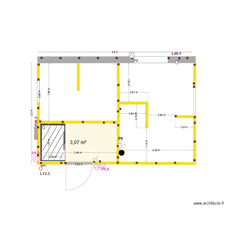 SdB parquet. Plan de 1 pièce et 3 m2