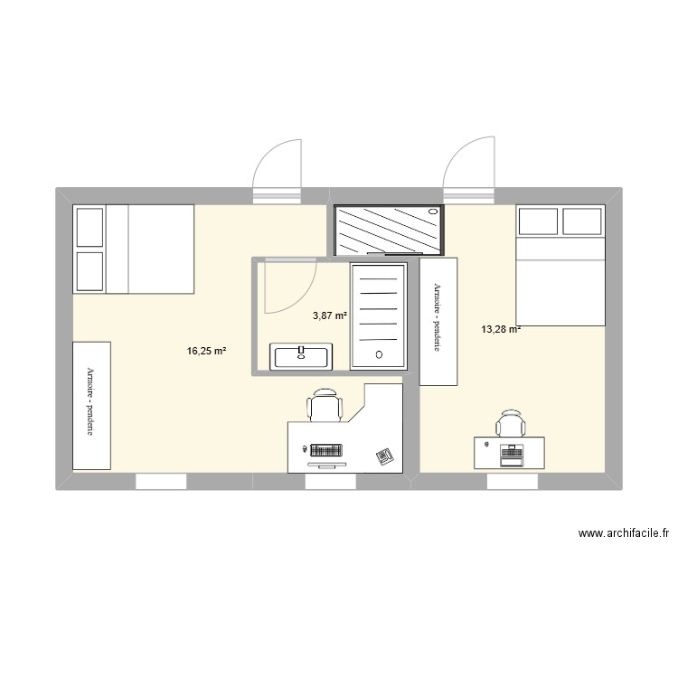 Chambre LLN. Plan de 3 pièces et 33 m2