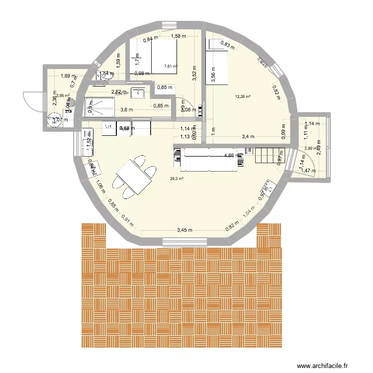 yourte 9m v1. Plan de 6  et 61 m²
