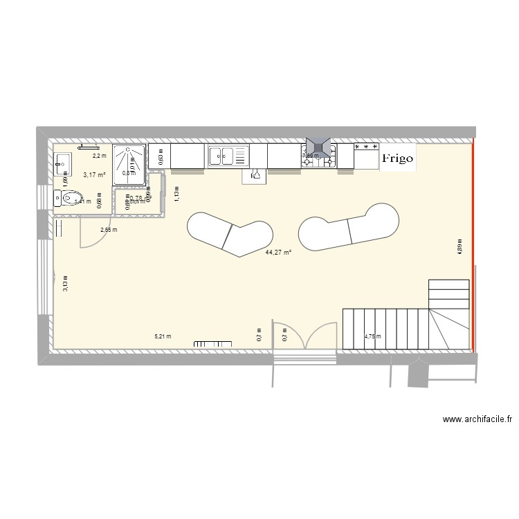 cuisine. Plan de 3 pièces et 48 m2