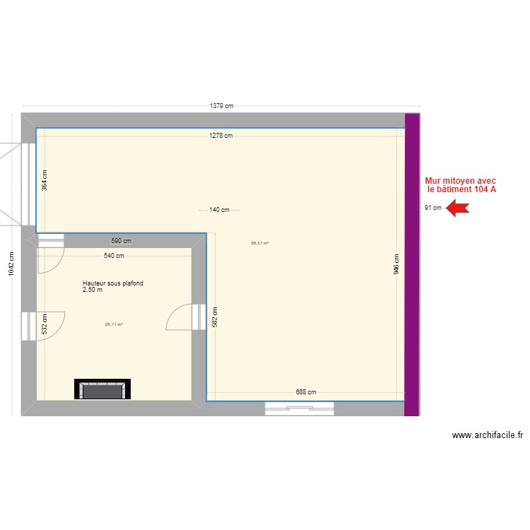 104 B brut coté. Plan de 2 pièces et 115 m2