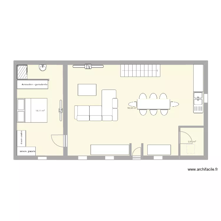 Plan RDC maison. Plan de 3  et 71 m²