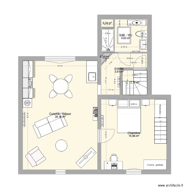 Croquis projet - Appt Combles - Dioh. Plan de 7 pièces et 55 m2