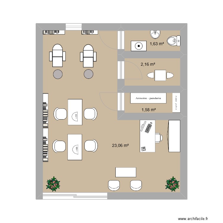 Onglerie. Plan de 4 pièces et 28 m2