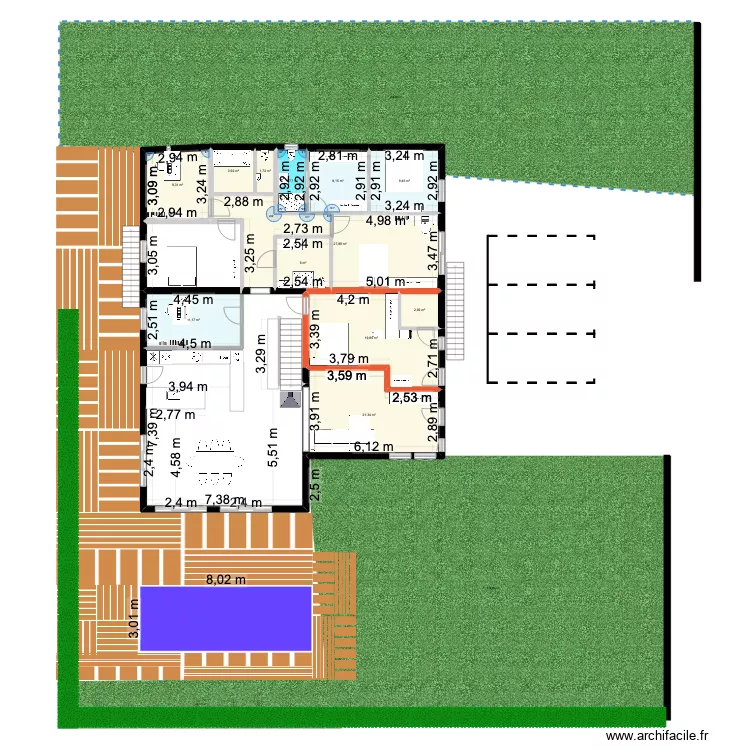 maison h&eacute;singue  plein pied extention cuisine centrale. Plan de 