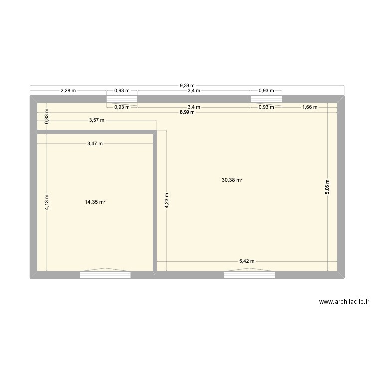 plan avec cloison 15cm. Plan de 1 pièce et 41 m2