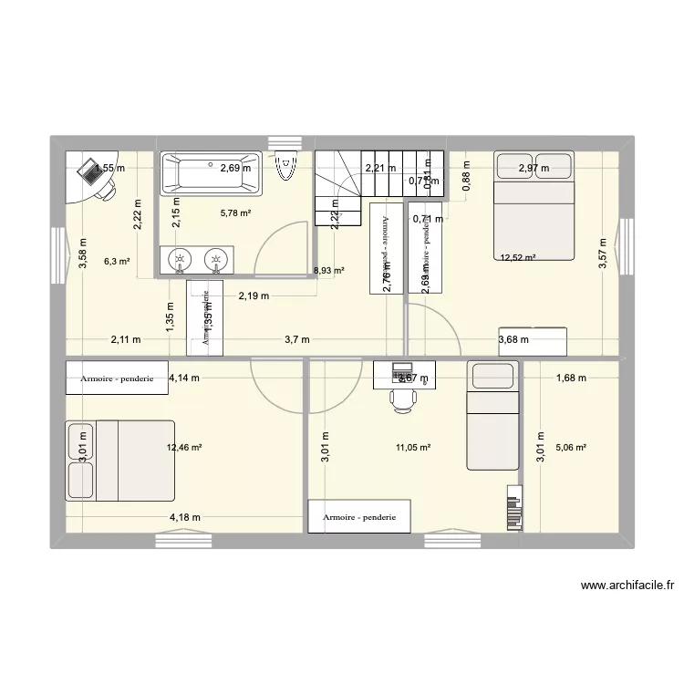 ETAGE APRES TRAVAUX. Plan de 7 Pièces et 62 m²