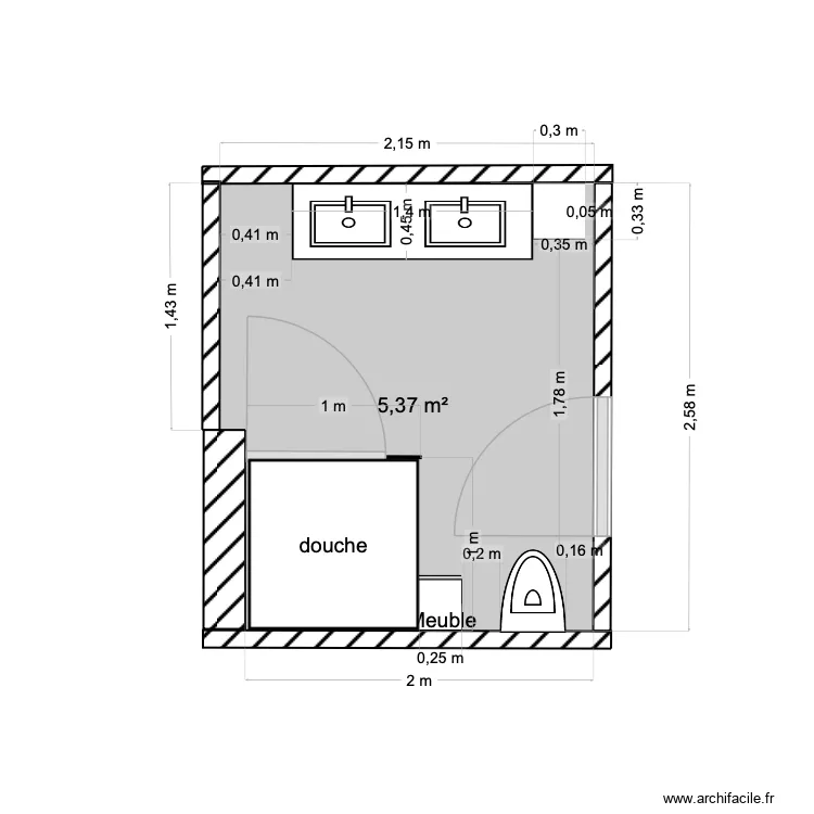 salle de bain en haut avec douche V2. Plan de 
