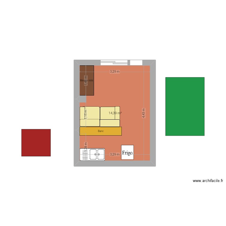 cuisine. Plan de 1 pièce et 14 m2
