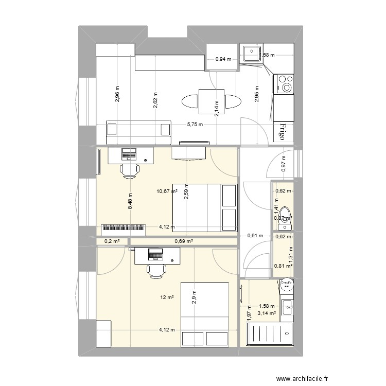 Pierre Arthaud + projet SdB et cuisine v1. Plan de 7 pièces et 28 m2