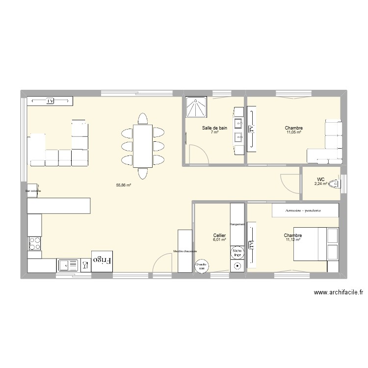 90m² Rectangle. Plan de 6 pièces et 93 m2