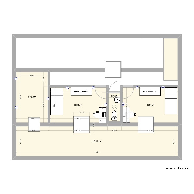 comble. Plan de 6 pièces et 57 m2