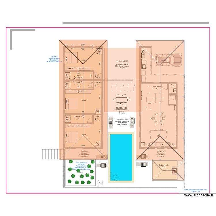 Esquisse 2 blocs avec toits Phase 1. Plan de 8 pièces et 125 m2