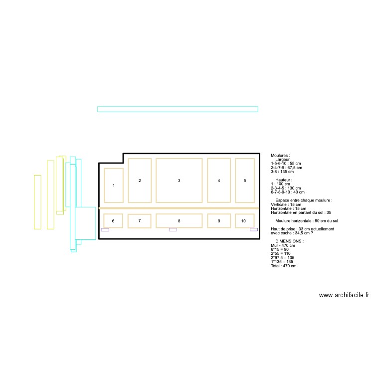 MOULURES N°16 - Modèle mur canapé - Esp. 15cm partout. Plan de 1 pièce et 12 m2