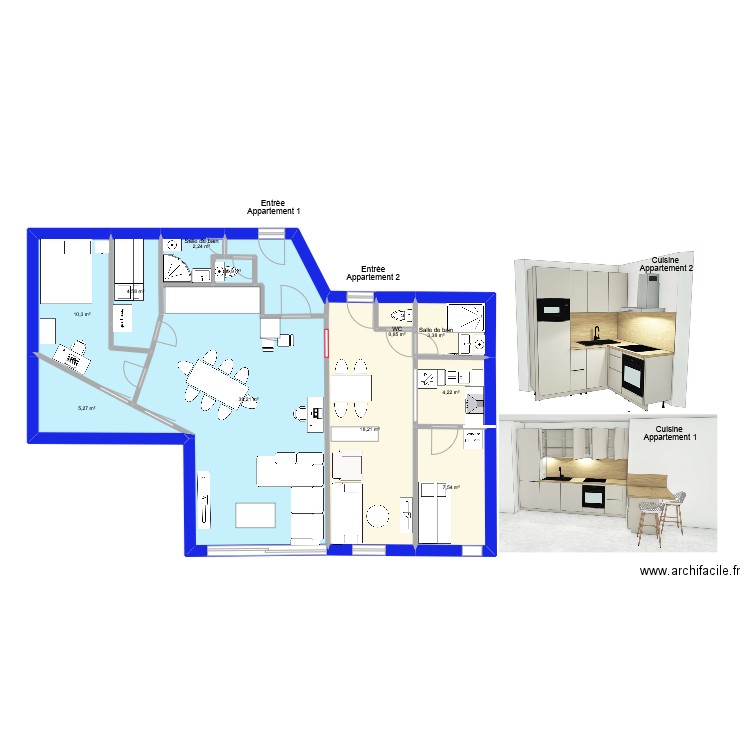 Briançon3 aménagé 2 appartements. Plan de 11 pièces et 97 m2