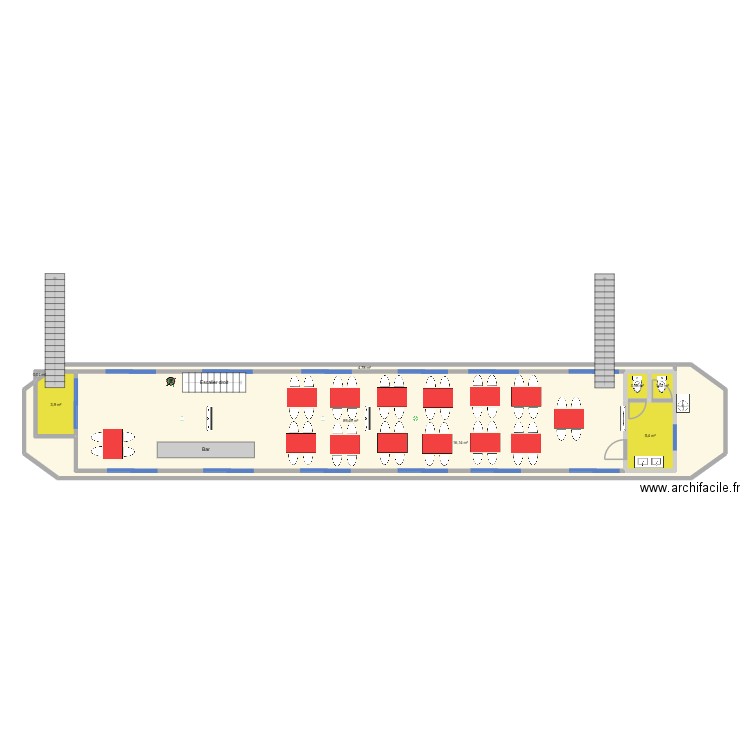 Péniche niveau 1 - EPC. Plan de 8 pièces et 122 m2