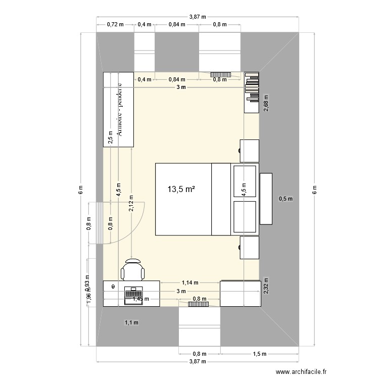 Chambre 2. Plan de 1 pièce et 14 m2