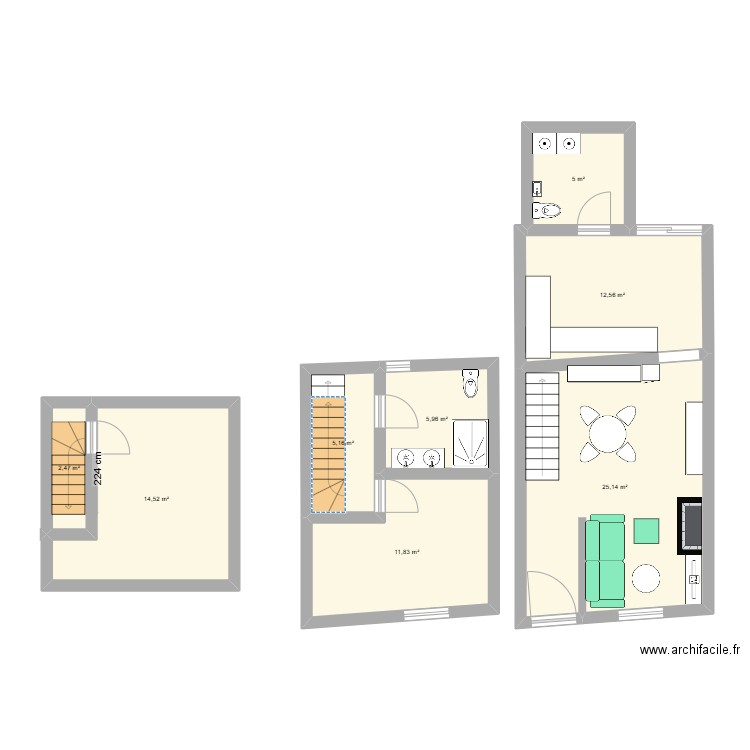 naast. Plan de 8 pièces et 83 m2