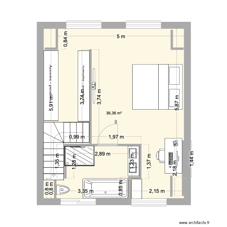 Comble plan N°3 avec baignoire. Plan de 1 pièce et 36 m2