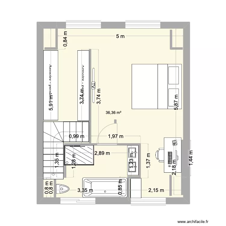 Comble plan N&deg;3 avec baignoire. Plan de 