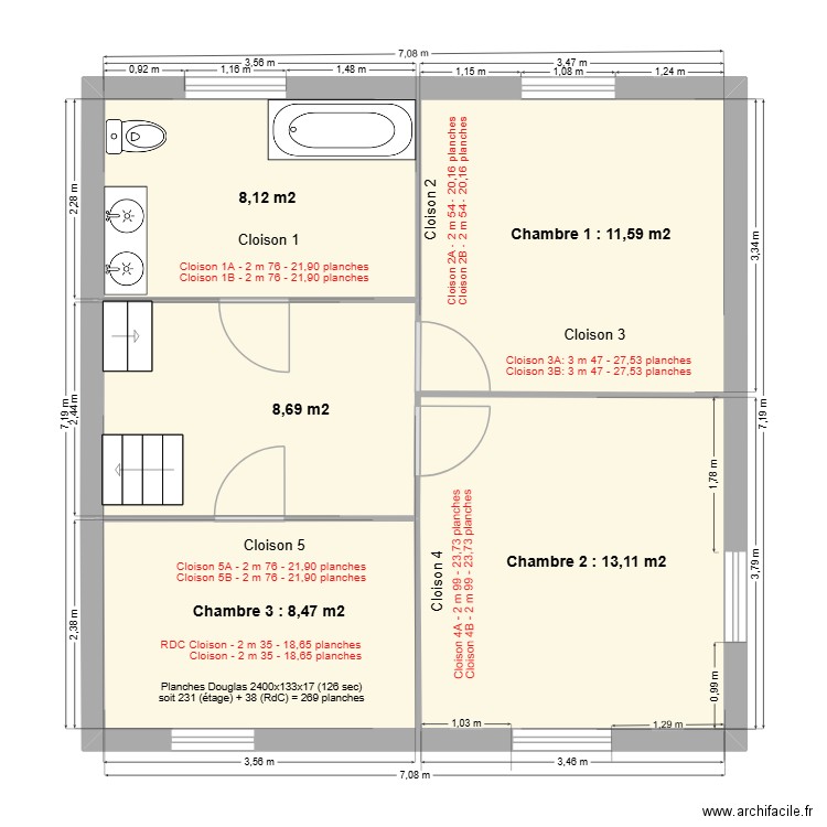 Cloisons étage. Plan de 2 pièces et 50 m2