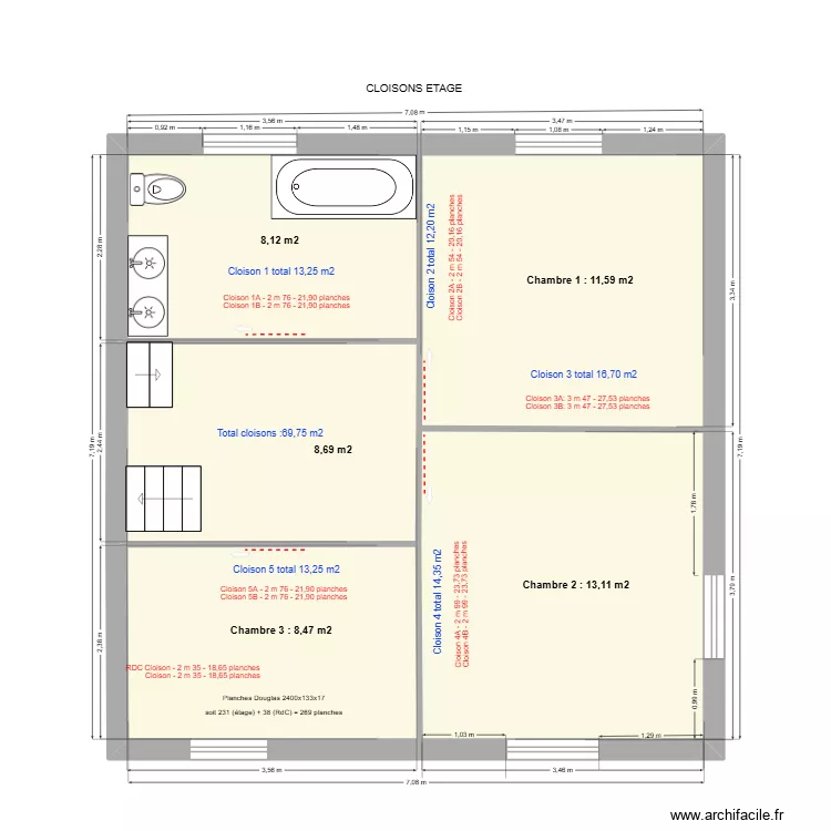 Cloisons &eacute;tage. Plan de 2 pièces et 50 m²