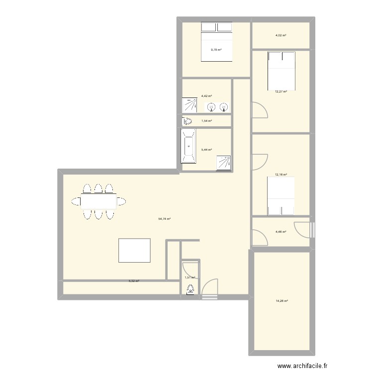 Version en U. Plan de 12 pièces et 130 m2