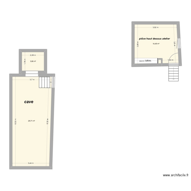 cave + chambre. Plan de 3 pièces et 48 m2