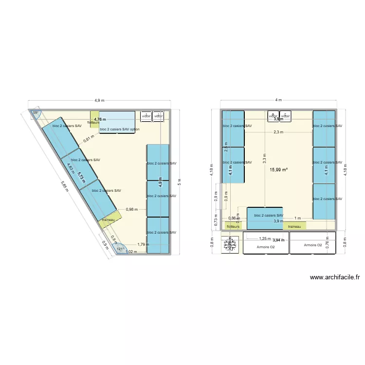projet vestiaire SAV. Plan de 3  et 35 m²