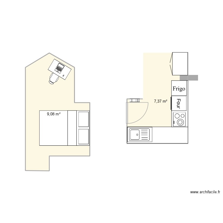 L75015 Chambre. Plan de 2 pièces et 16 m2