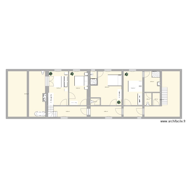 Etage avec  chambres d'hôtes double et  familiale. Plan de 11 pièces et 146 m2