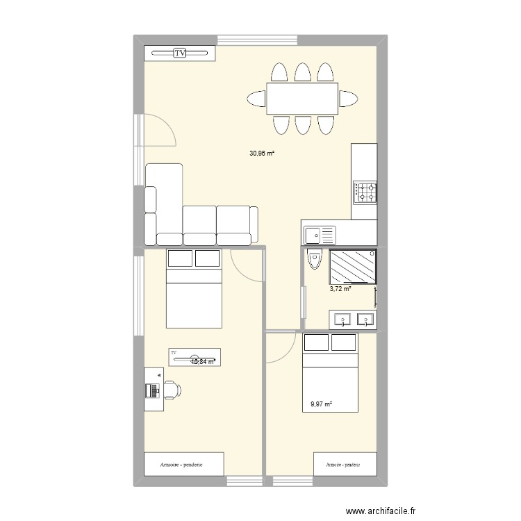 T3 Tournefeuille. Plan de 4 pièces et 61 m2